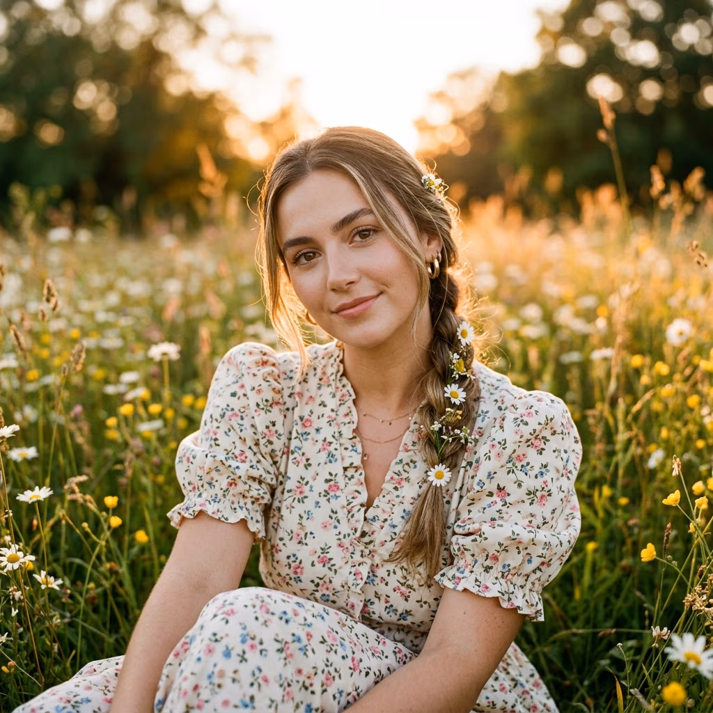 Cottagecore Aesthetic Profilbild Wiese Wildblumen Golden Hour Mädchen Look