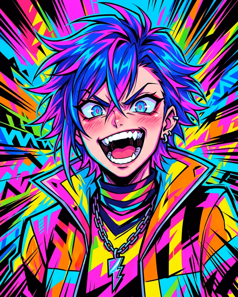Anime-Profilbild im Trigger-Energy-Stil: knallige Neon-Farben und kinetische Formen