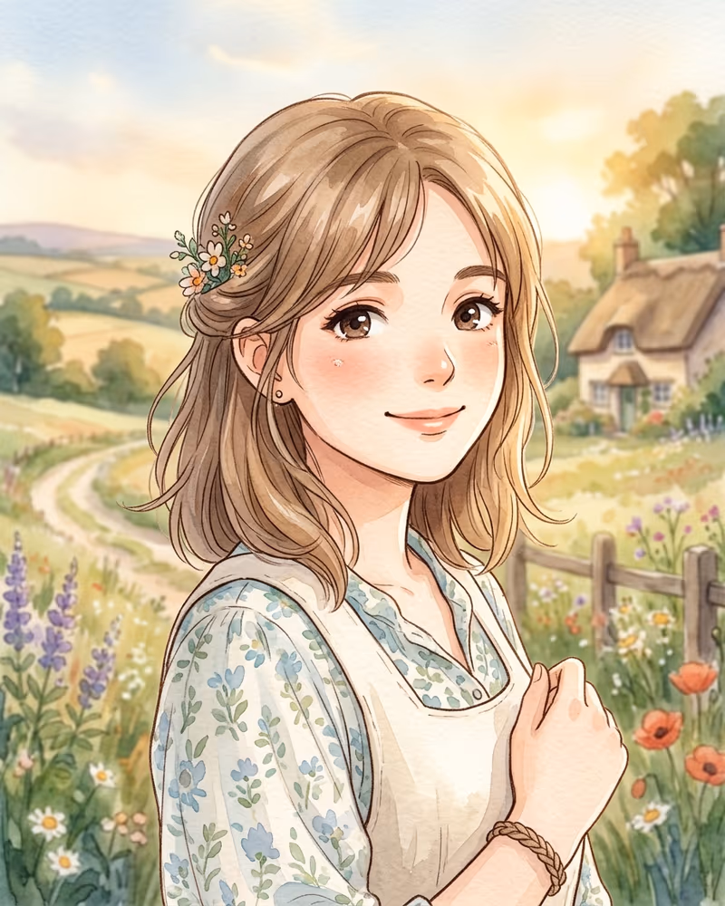 Anime-Profilbild im Ghibli-Look: weiche Aquarell-Farben und warmes Landschaftslicht