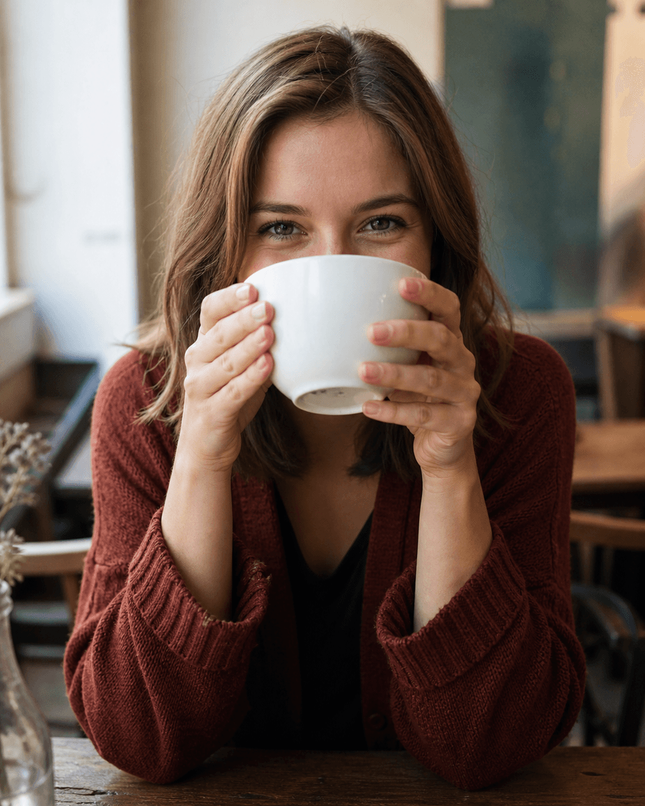 Frau im Café hält eine große weiße Tasse vor die untere Gesichtshälfte, nur Augen und Stirn bleiben sichtbar