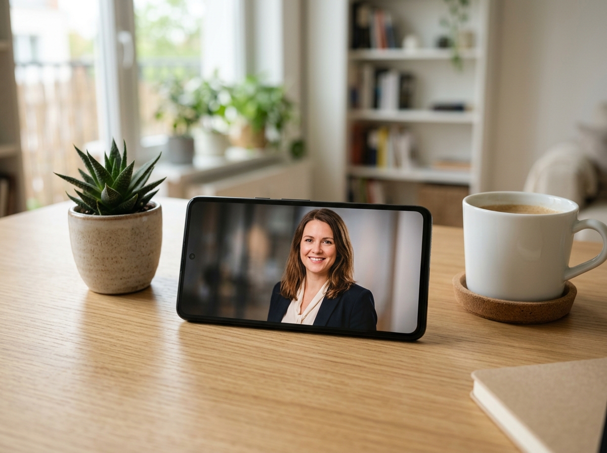 Fertiges professionelles KI-Bewerbungsfoto auf einem Smartphone