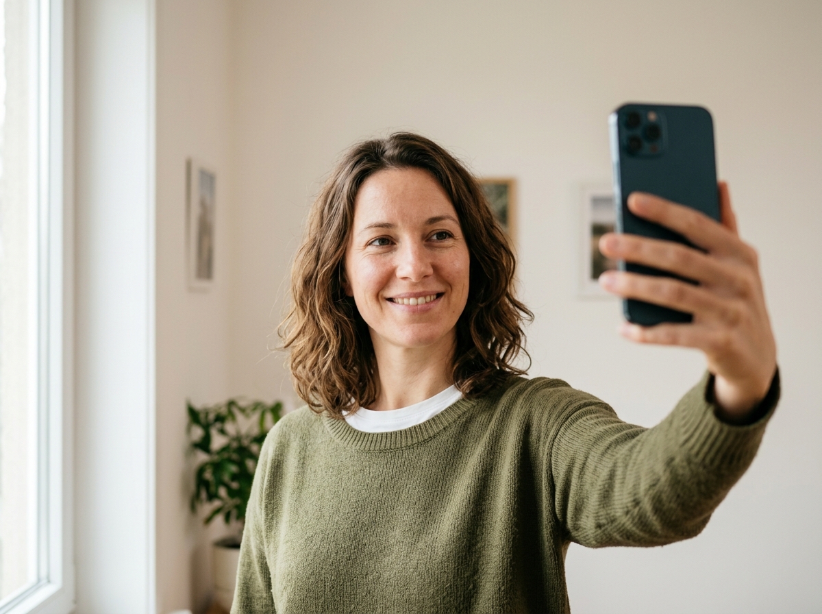Person macht ein Selfie am Fenster als Ausgangsmaterial f&uuml;r das KI-Bewerbungsfoto