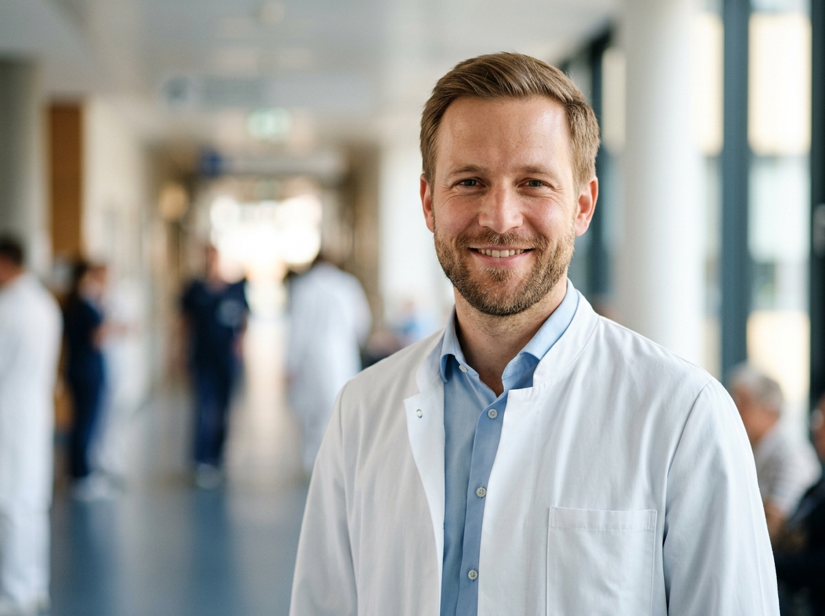 Arzt im weißen Kittel vor unscharfem Klinikflur, typisches Portrait für eine Klinik-Teamseite