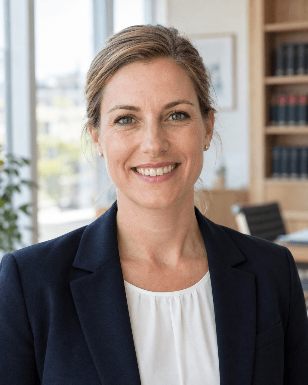 Generated example of a family law attorney: navy blazer over a plain white blouse, open smile, in front of a softly blurred modern glass office