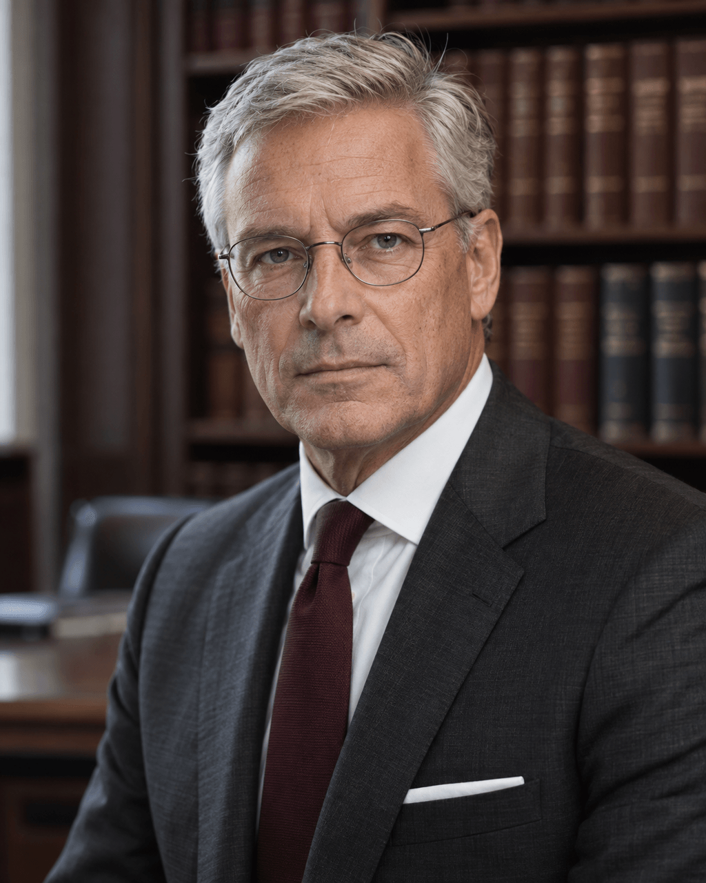 Generated example of a senior partner: charcoal suit, white shirt with classic collar, burgundy tie, pocket square, in front of softly blurred law books