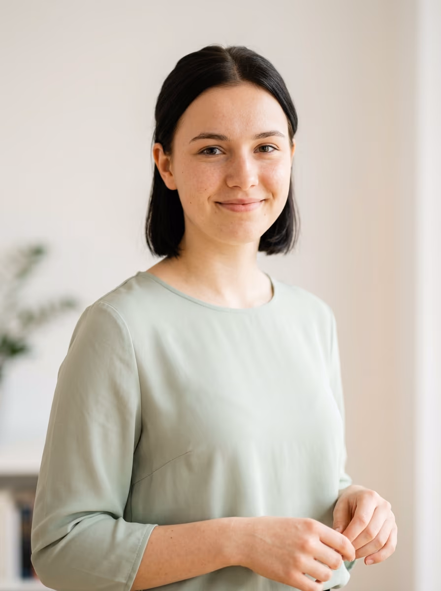 Bewerbungsfoto für eine Ausbildung in der Pflege: helle Bluse, warmes nahbares Lächeln