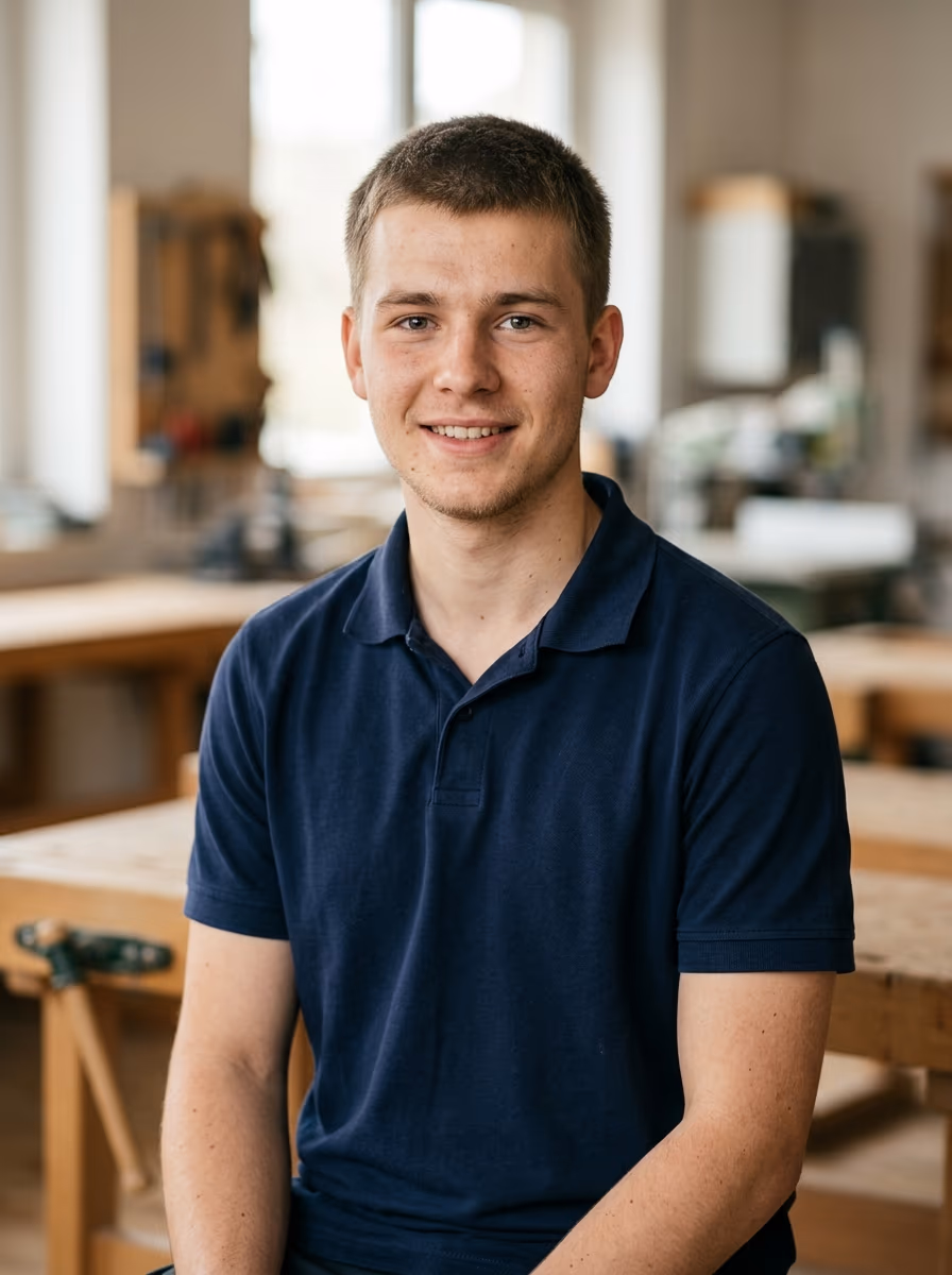 Bewerbungsfoto für eine Handwerks-Ausbildung: schlichtes dunkles Polo, freundlicher authentischer Blick