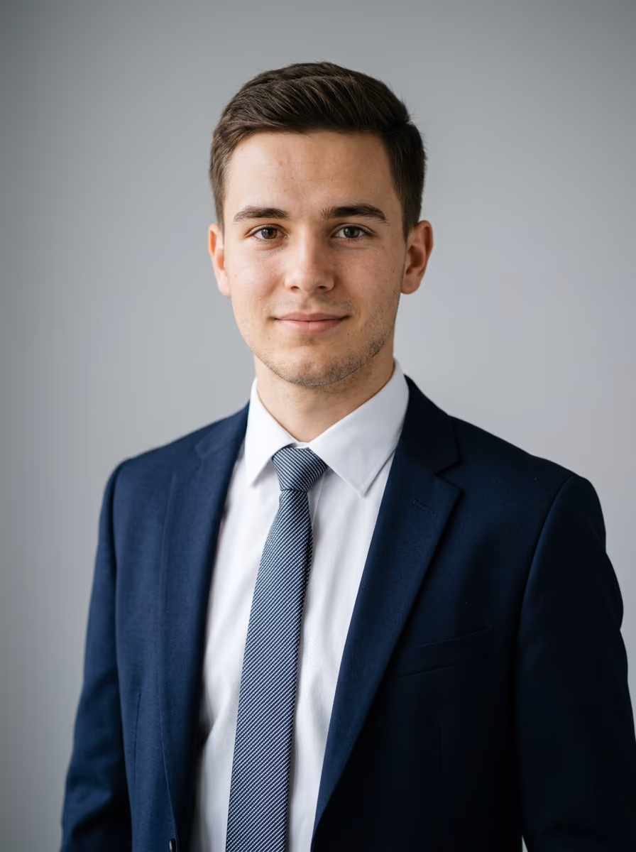 Bewerbungsfoto für eine kaufmännische Ausbildung: weißes Hemd, ruhiger seriöser Blick