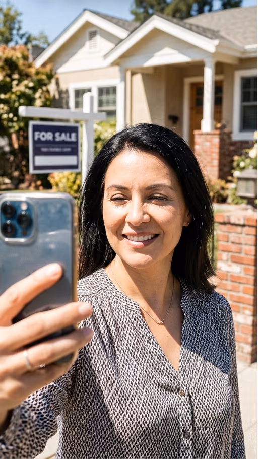 Phone selfie in front of a house at 72 pixels; the phone covers a third of the square