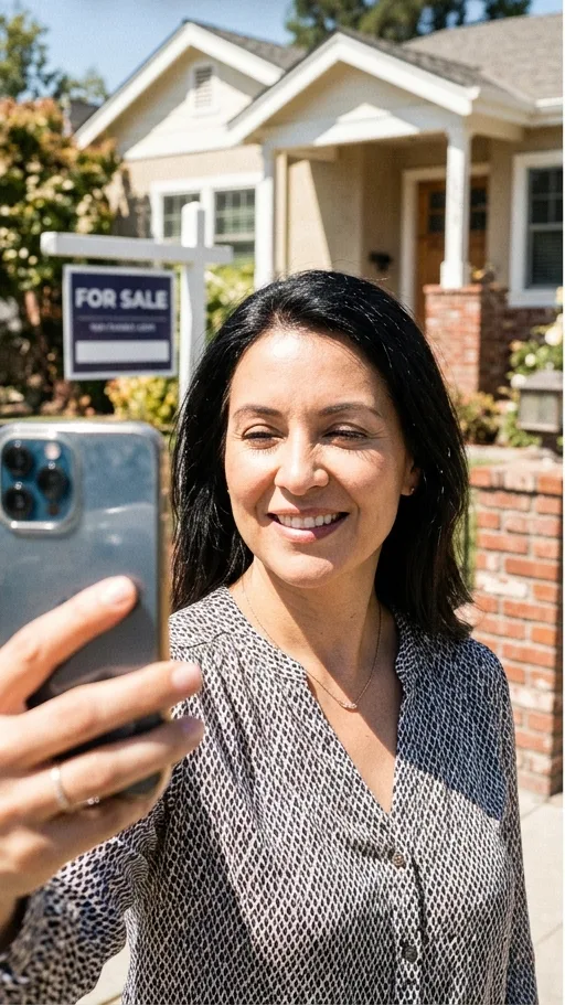 Phone selfie of a woman in a patterned blouse in front of a house with a for-sale sign