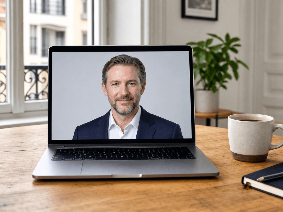 Fertiges KI-Bewerbungsfoto auf einem Laptop-Bildschirm an einem aufgeräumten Schreibtisch