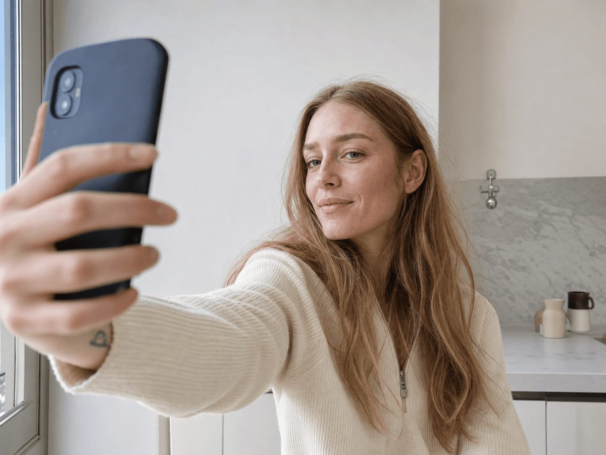 Frau macht ein entspanntes Selfie mit dem Smartphone in einer hellen Küche, Ausgangsbild vor der KI-Umwandlung