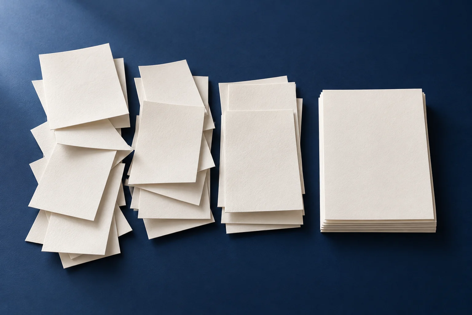 Versetzte Papierstapel ordnen sich zu einem geraden Stapel auf blauem Untergrund.