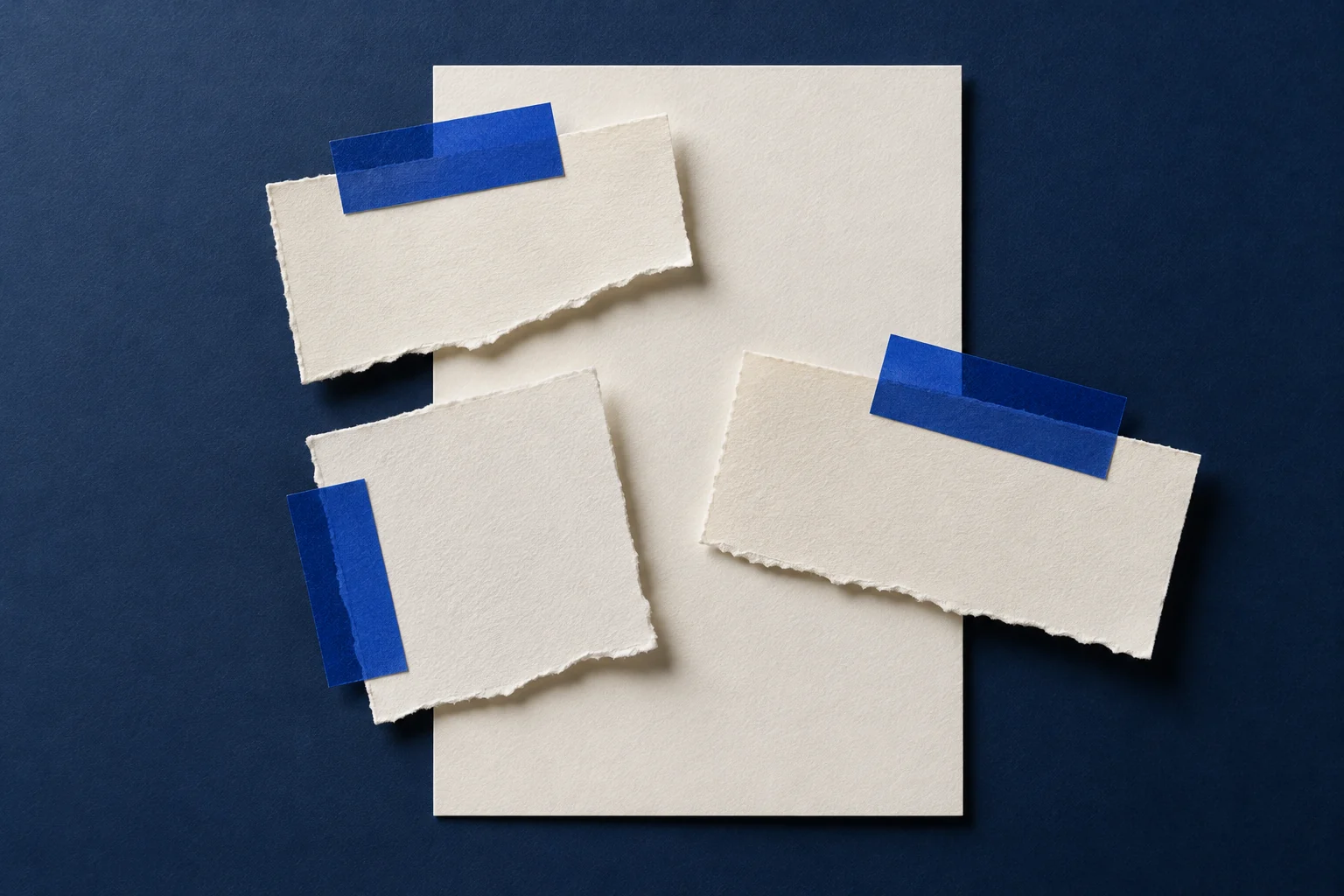 Leere Papierstücke mit blauen Markierungen liegen auf einem größeren Blatt.