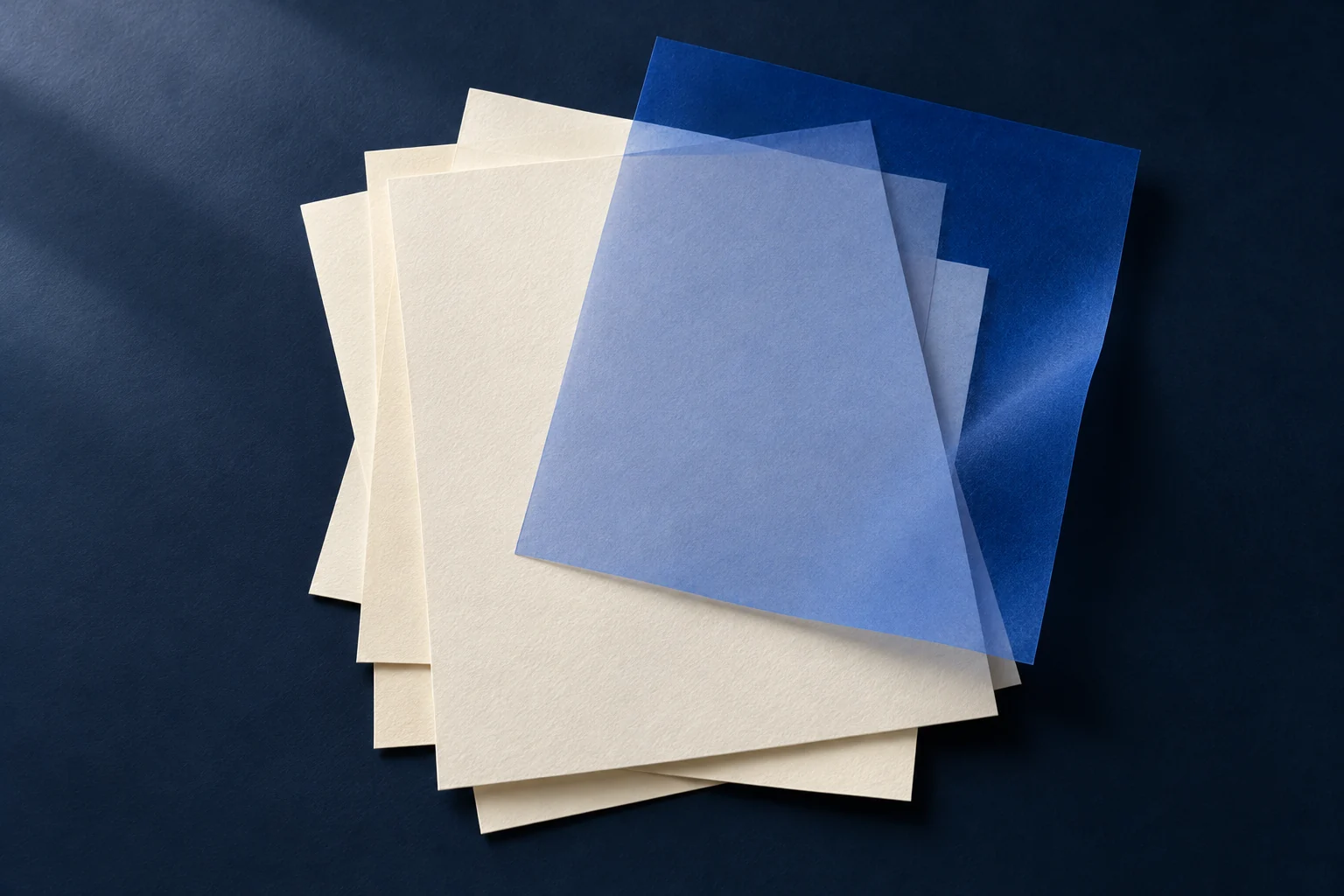 Helle Papierblätter liegen unter einer transparenten blauen Folie.