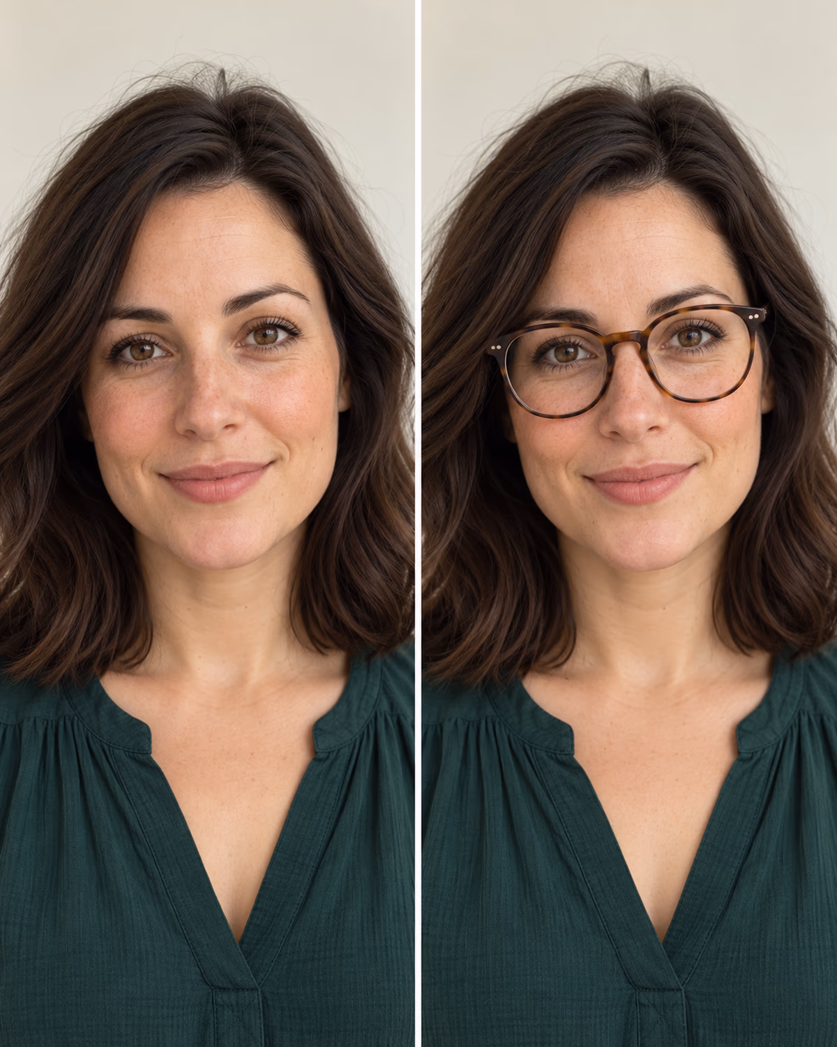 Vergleich derselben Frau ohne Brille links und mit großer runder Hornbrille rechts