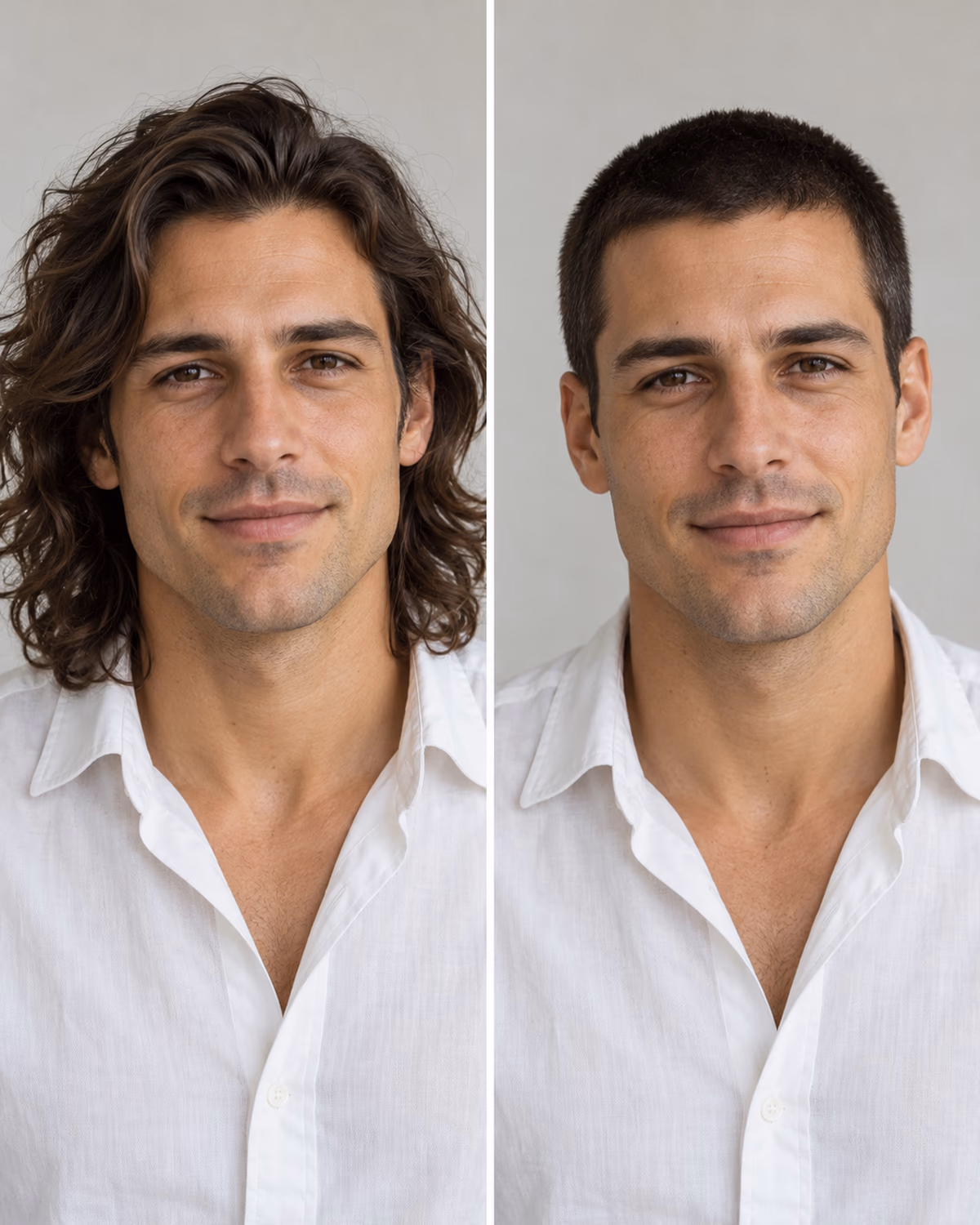Vergleich desselben Mannes mit langen Haaren links und kurzem Buzz Cut rechts
