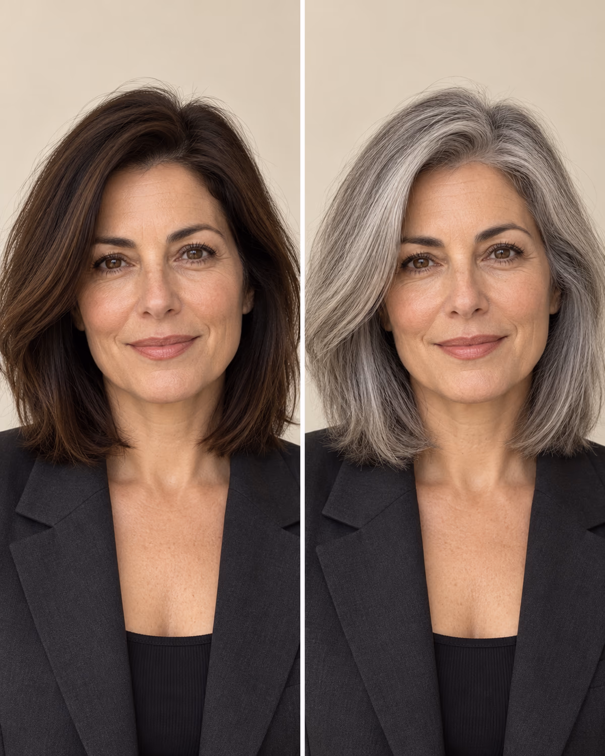 Vergleich derselben Frau mit dunkelbraunem Haar links und natürlich silbergrauem Haar rechts
