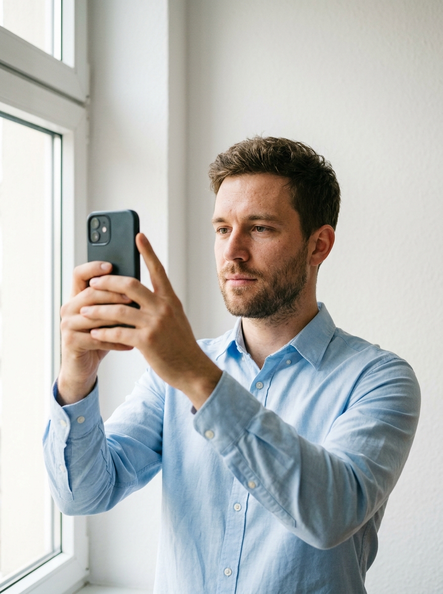 Mann macht am hellen Fenster ein Selfie mit dem Smartphone auf Augenhöhe als Vorlage für ein KI-Bewerbungsfoto