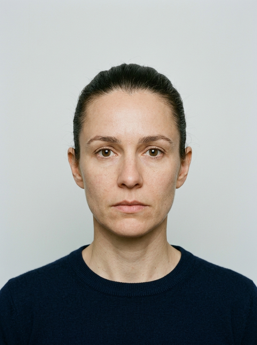 Biometrisches Passbild mit neutralem Gesichtsausdruck vor grauem Hintergrund als Beispiel für eine Passbild-App
