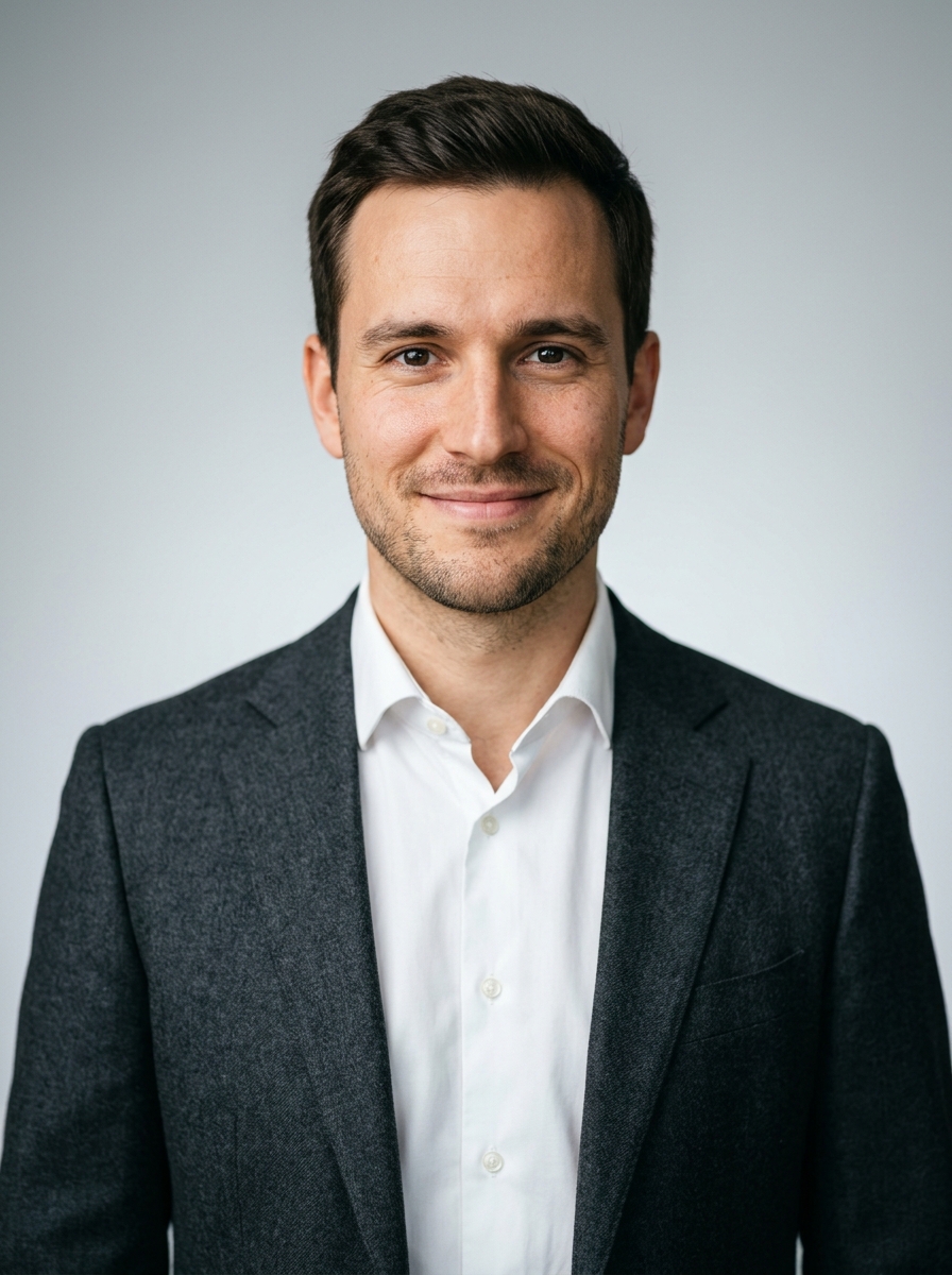 Professionelles Bewerbungsfoto eines Mannes im Blazer als Ergebnis eines Web-Tools ohne App-Download