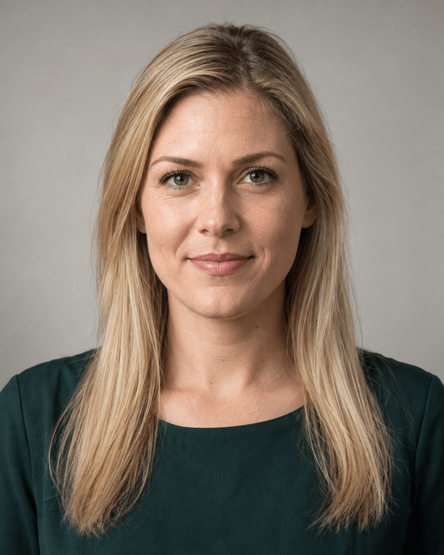 Bewerbungsfoto einer Frau um dreißig mit offenen blonden Haaren in dunkelgrüner Bluse vor warmem hellgrauem Hintergrund, Blick in die Kamera