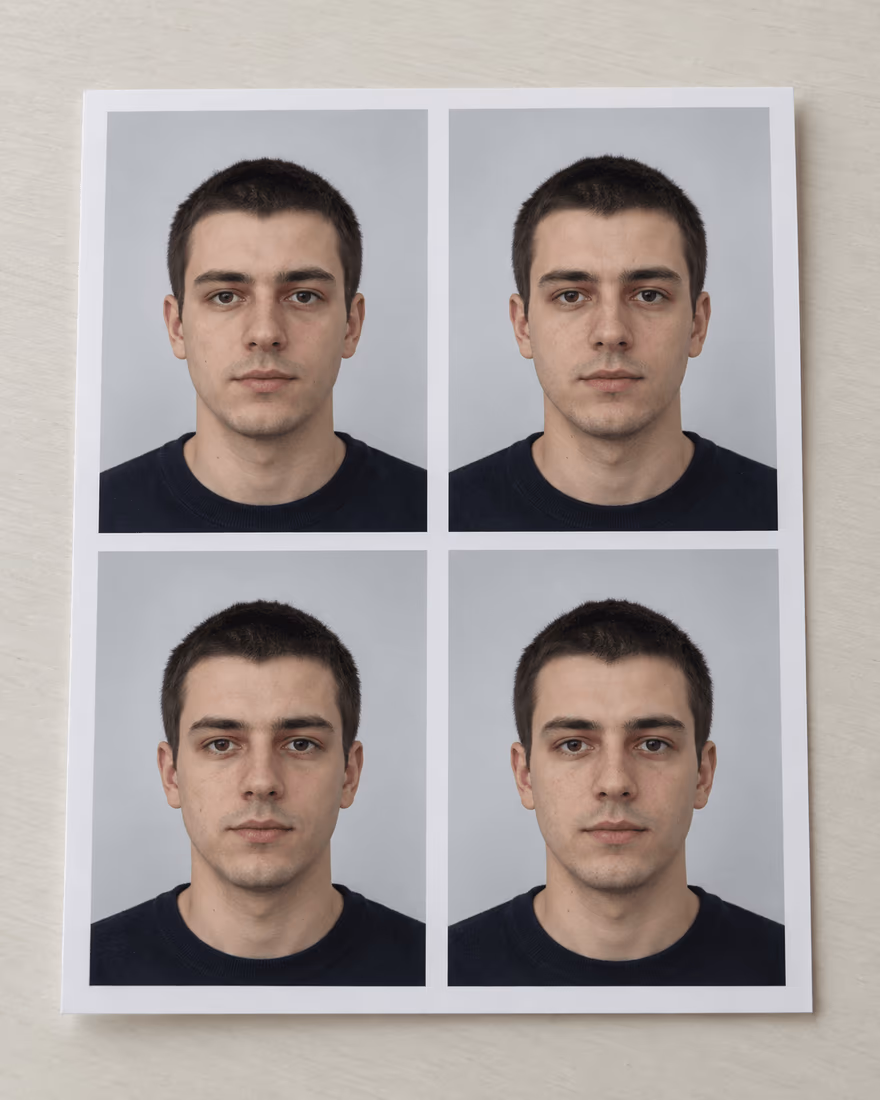 Vier gleiche biometrische Passfotos eines jungen Mannes mit kurzen Haaren und dunklem Pullover auf hellgrauem Hintergrund