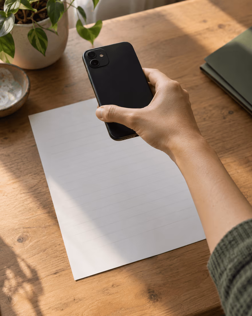 Eine Hand fotografiert mit dem Smartphone ein Blatt Papier auf einem Holzschreibtisch