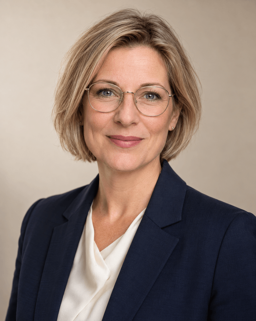 Frau Mitte 40 mit kinnlangem aschblondem Haar und schmaler Metallbrille im dunkelblauen Blazer über cremefarbener Bluse vor warmem hellem Hintergrund