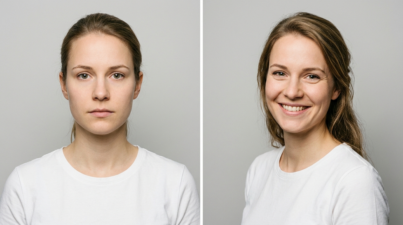Split-Bild derselben Person: links neutraler Ausdruck nach Passbild-Vorgabe, rechts offenes freundliches Lächeln wie bei einem Bewerbungsfoto empfohlen