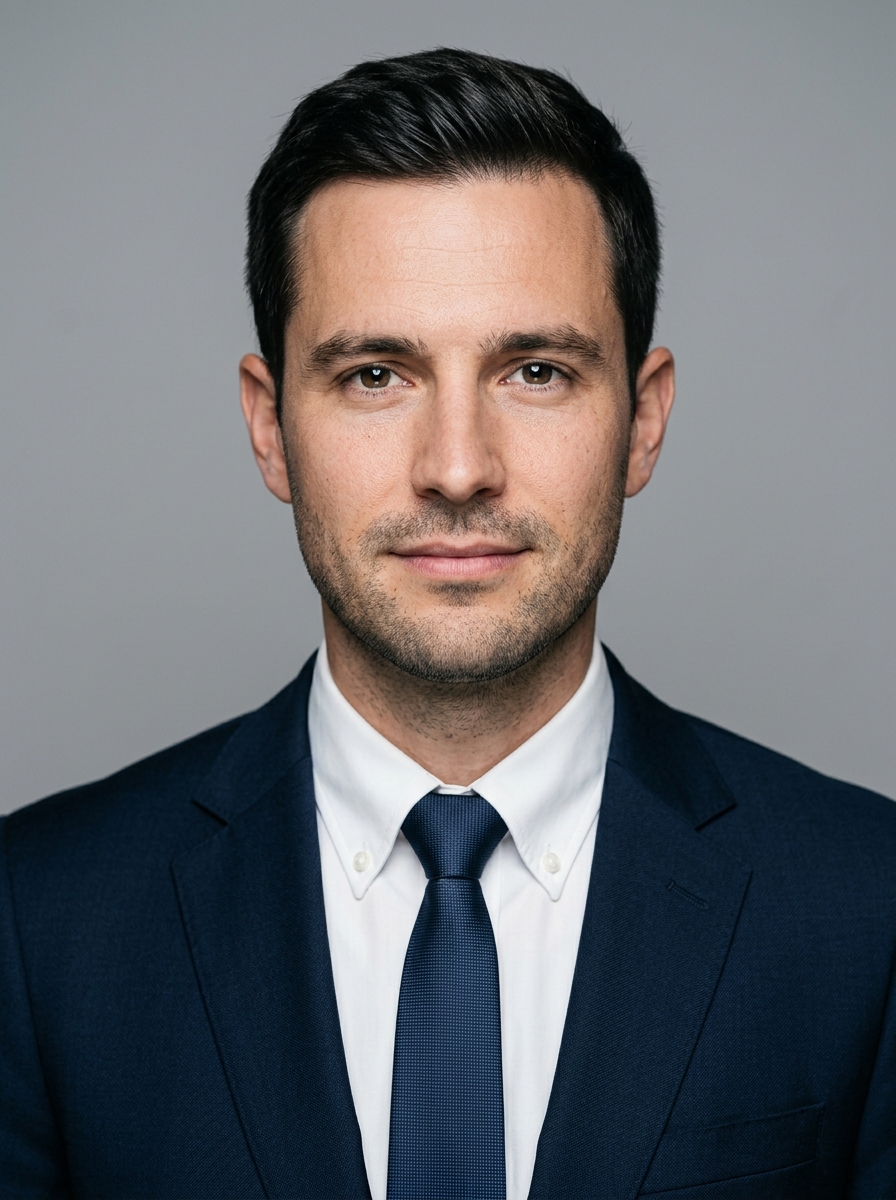Klassisches DACH-Bewerbungsfoto: Mann im dunklen Anzug, formeller direkter Blick vor neutralem Studiohintergrund
