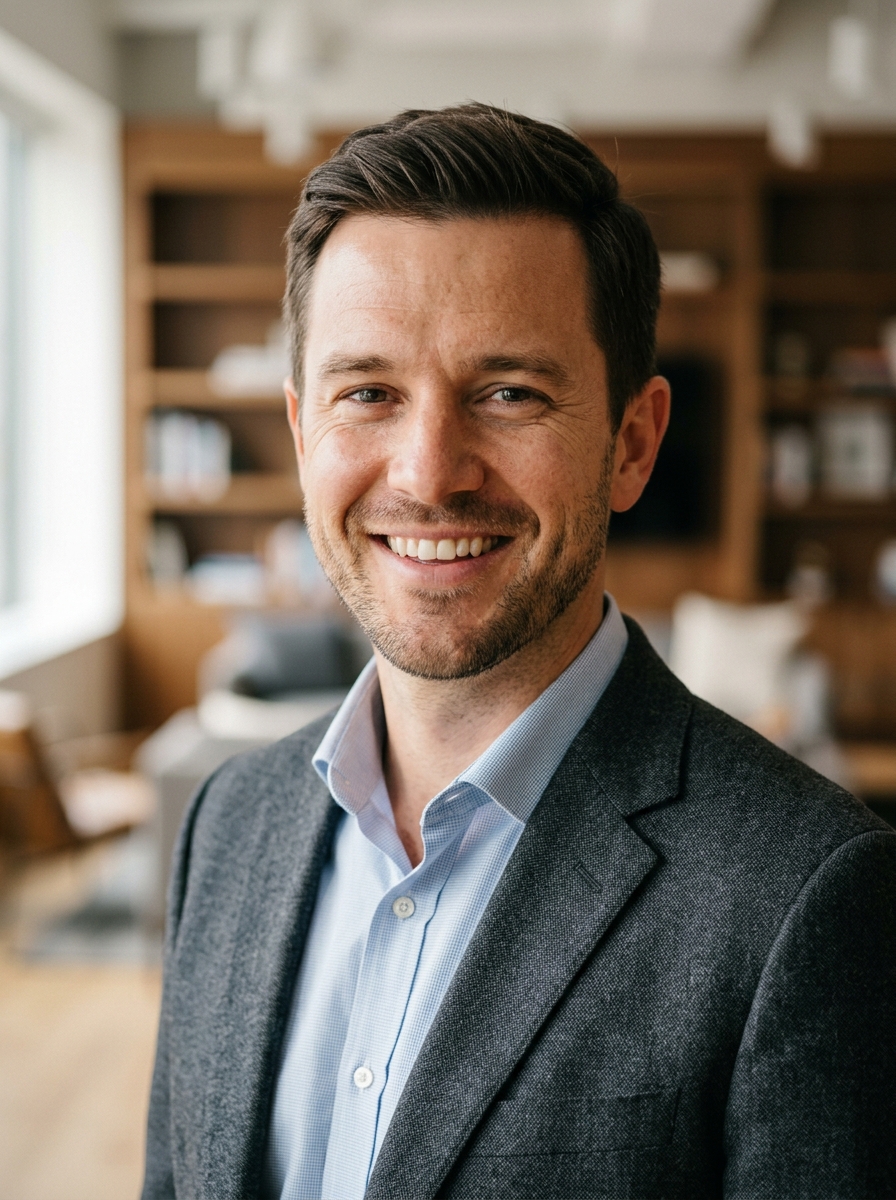 Internationaler professional headshot: Mann im offenen Hemd, warmes Lächeln, unscharfer Bürohintergrund im LinkedIn-Stil