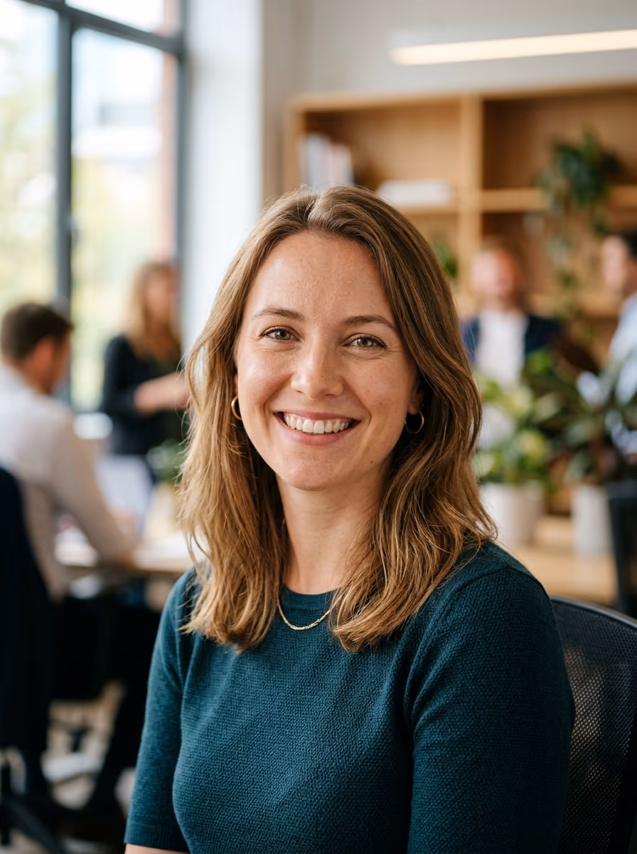 Glimlachende vrouw met halflang haar in een groene trui voor een onscherp kantoor, als voorbeeld van een LinkedIn profielfoto