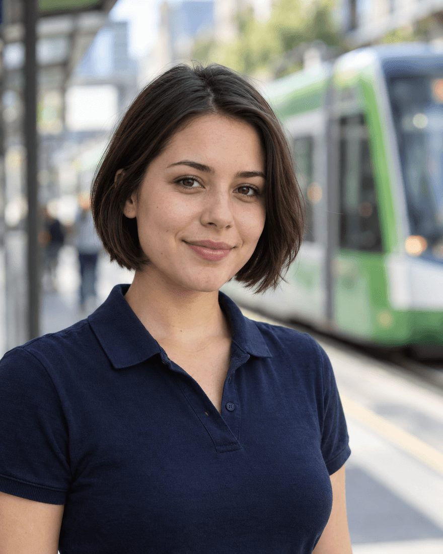 Bewerbungsfoto einer Frau von etwa zweiundzwanzig Jahren mit kinnlangem dunkelbraunem Bob in dunkelblauem Poloshirt vor einer unscharfen Stadtbahn-Haltestelle mit grün-weißer Bahn, freundlich und ruhig