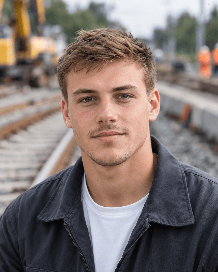 Bewerbungsfoto eines jungen Mannes von etwa neunzehn Jahren mit kurzen hellbraunen Haaren und leichtem Bartschatten in dunkelgrauer Arbeitsjacke über weißem T-Shirt vor einer unscharfen Gleisbaustelle, ernst und freundlich