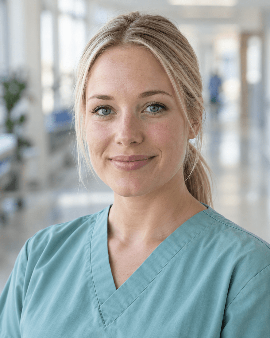 Bewerbungsfoto einer Frau von etwa siebenundzwanzig Jahren mit langem glattem blondem Haar im tiefen Zopf in hellem türkisfarbenem Kasack vor einem unscharfen hellen Klinikflur, warm und ruhig