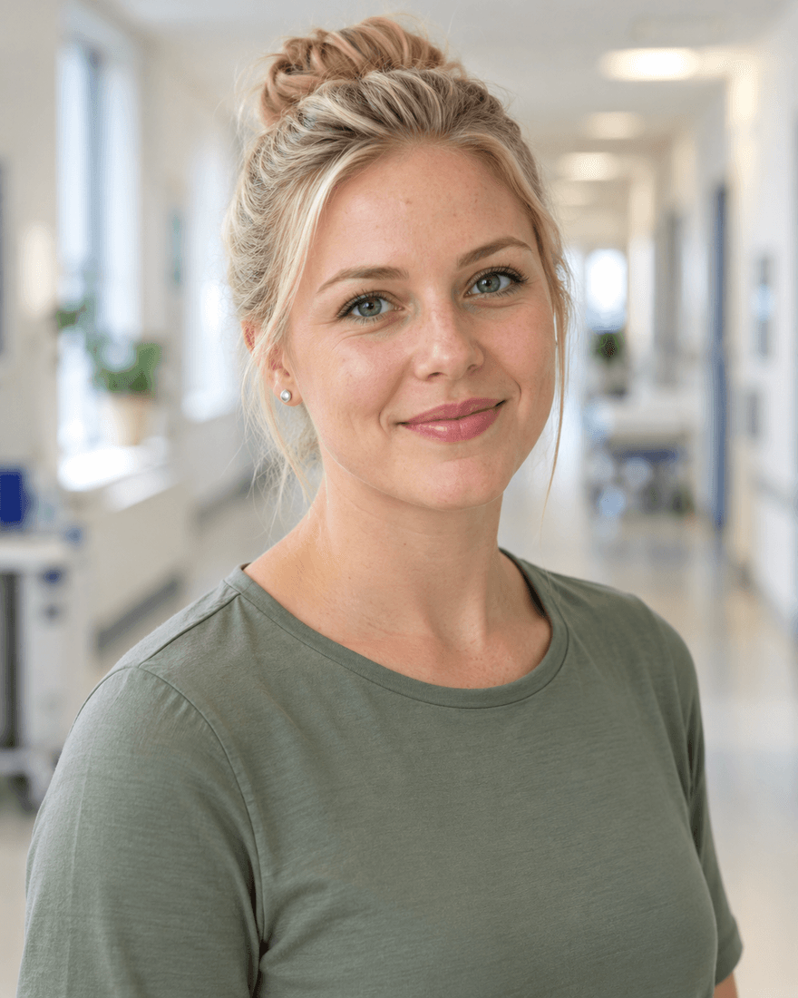 Bewerbungsfoto einer Frau Ende zwanzig mit blondem Haar im Dutt und kleinen silbernen Ohrsteckern in salbeigrünem Oberteil vor unscharfem hellem Klinikflur, ruhiger warmer Ausdruck