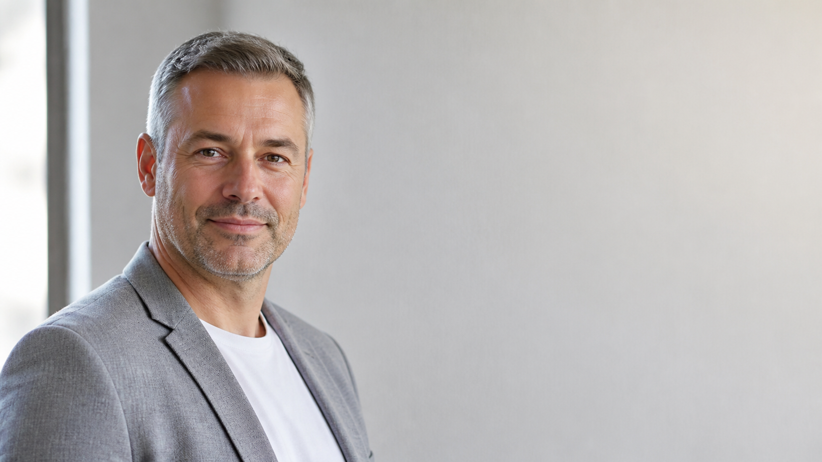 Breit beschnittenes Portrait eines Mannes Anfang vierzig im hellgrauen Sakko mit
              viel freier Fläche daneben, wie eine Firmen-Teamseite ein Bild zuschneidet