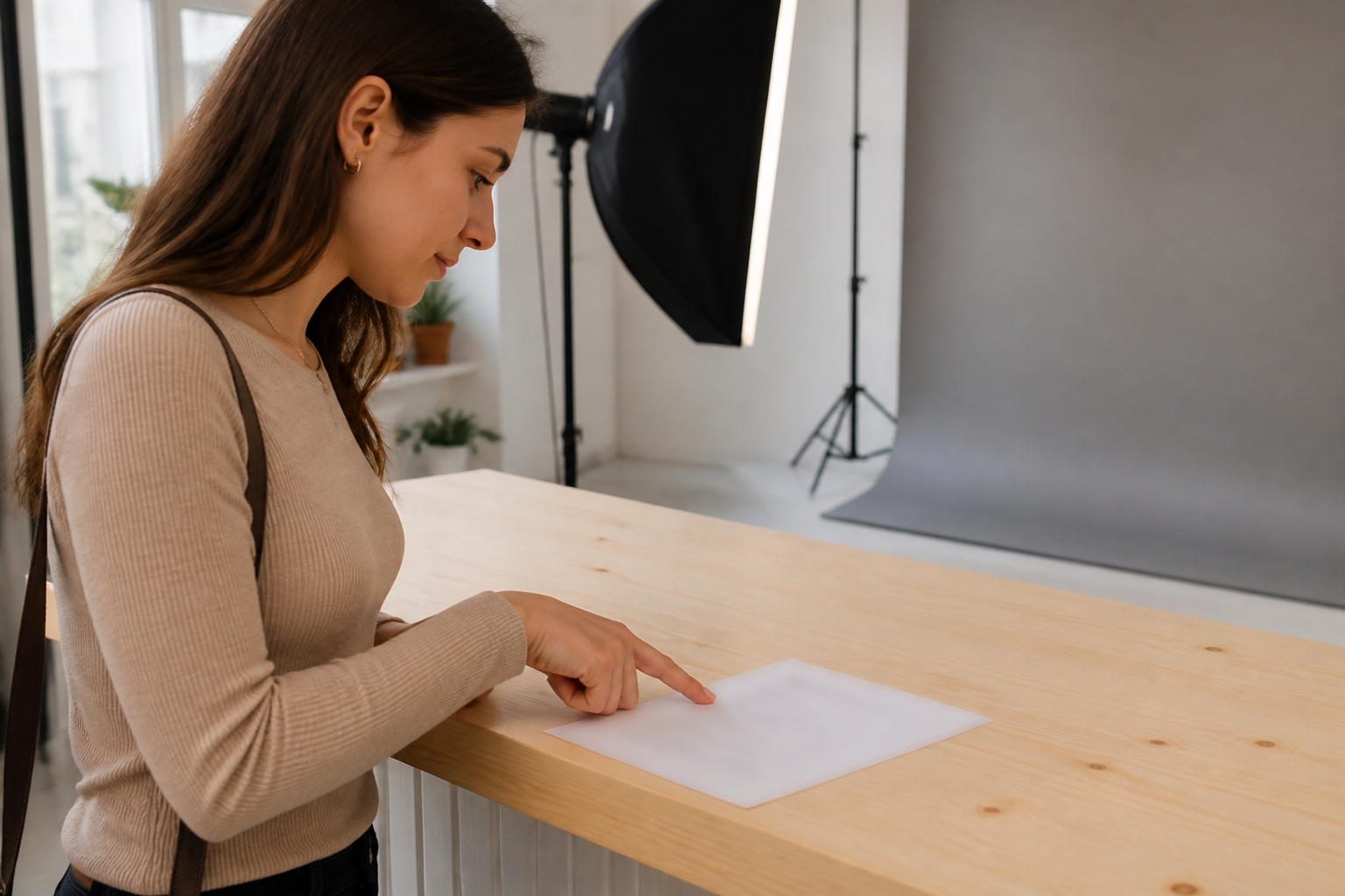 Junge Frau steht seitlich an einem hellen Holztresen in einem kleinen Fotostudio und
          zeigt mit dem Finger auf eine unscharf liegende Preisliste