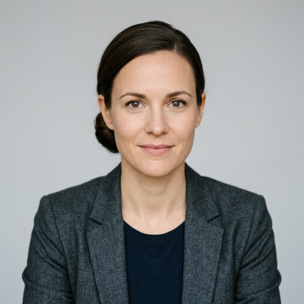 Bewerbungsfoto einer Frau mit tiefem Dutt und grauem Blazer