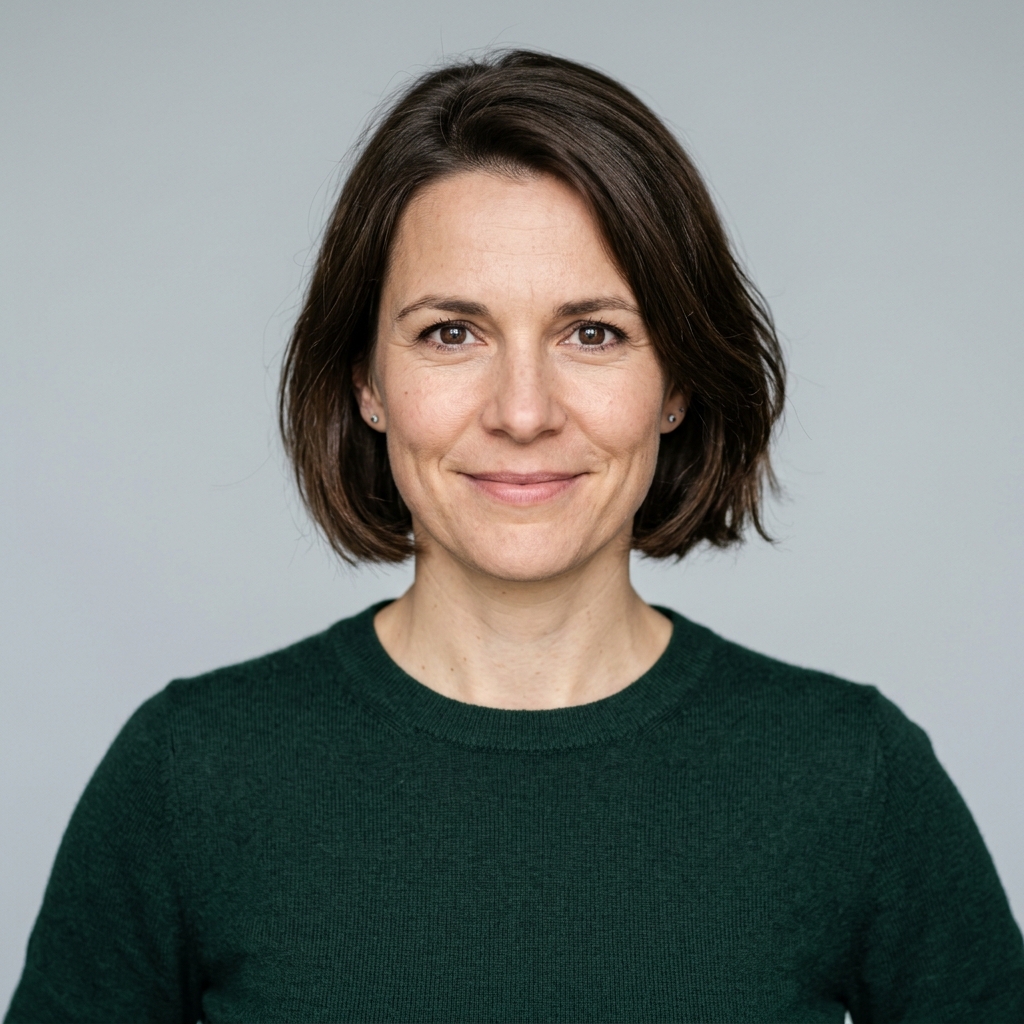 Bewerbungsfoto einer Frau mit kinnlangem Bob und dunkelgrünem Pullover