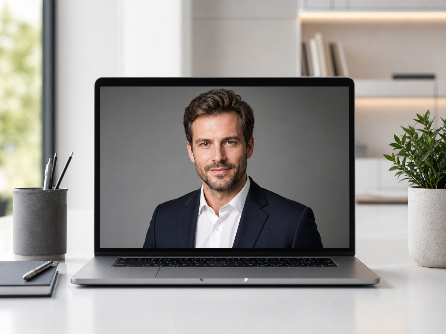 Fertiges professionelles KI-Bewerbungsfoto auf einem Laptop-Display