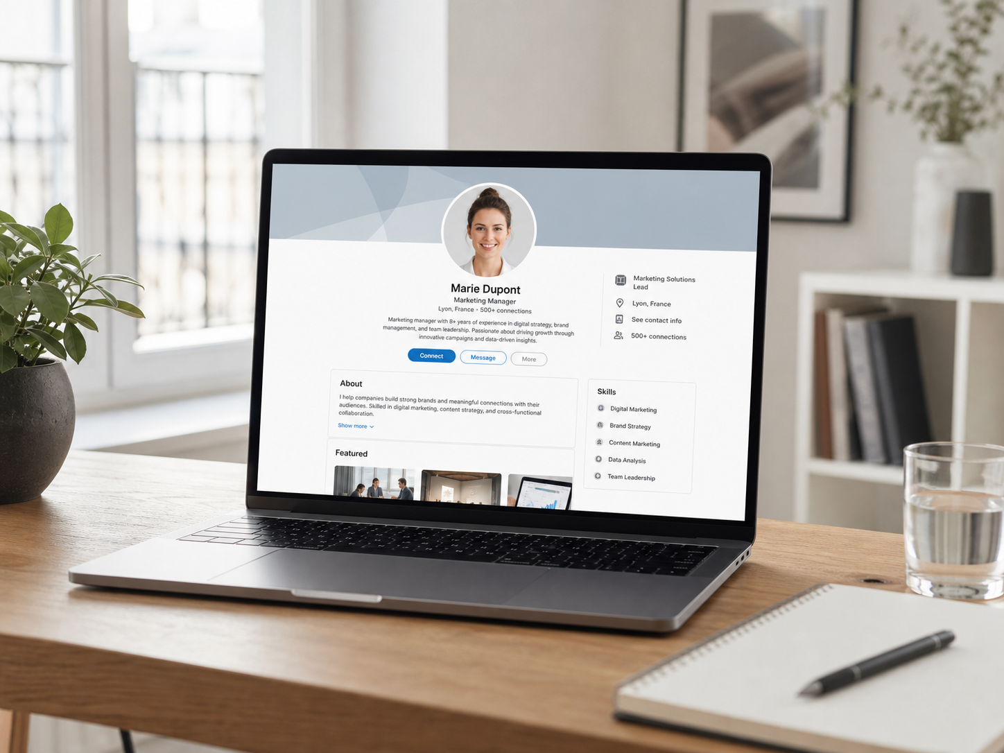 Laptop mit einem Profil-Layout und leerem rundem Profilbild-Platzhalter im Homeoffice