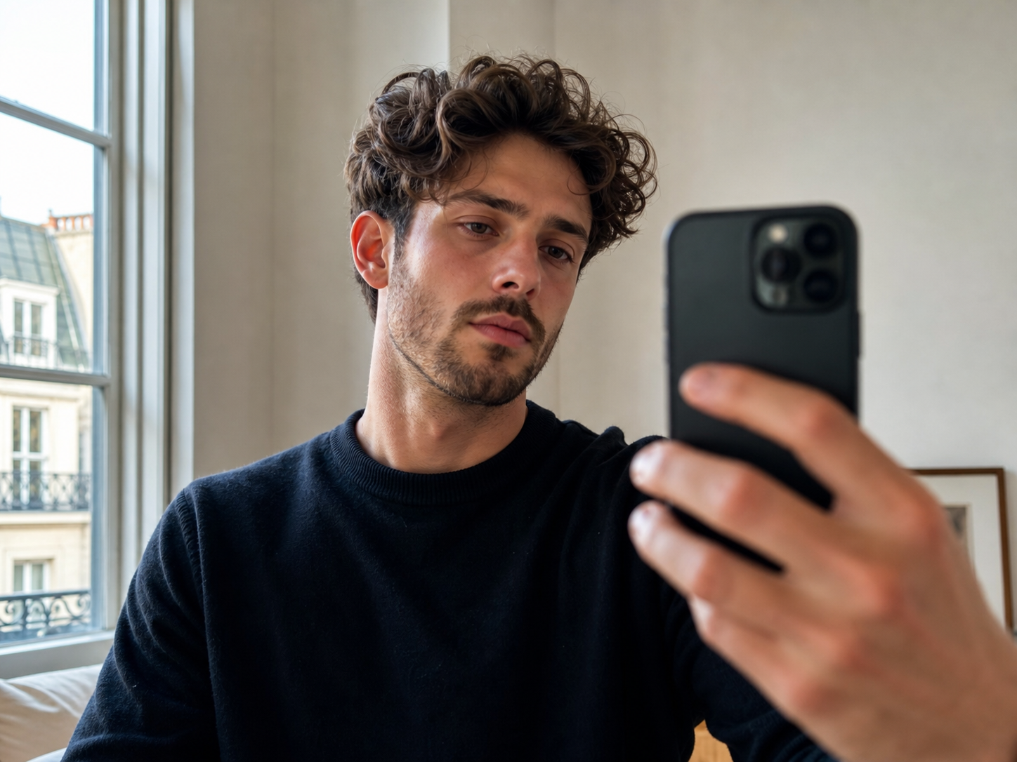Mann macht ein Selfie am Fenster als Ausgangsmaterial f&uuml;r das KI-Bewerbungsfoto