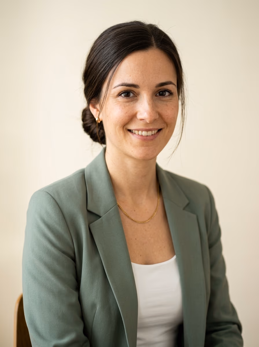 Retrato de una mujer con blazer verde, de hombros hacia arriba y fondo claro