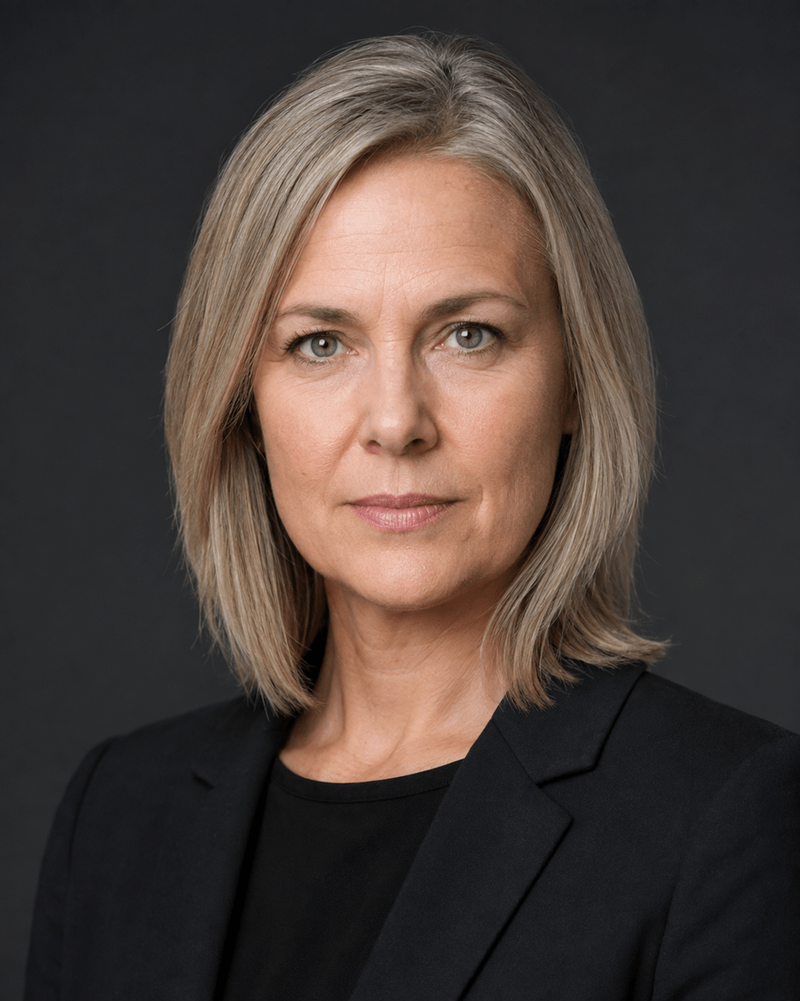 Frau Mitte vierzig mit graublondem Haar im schwarzen Businessblazer vor dunkelgrauem Hintergrund, enger Bildausschnitt