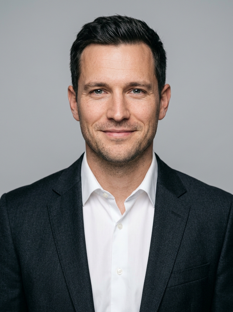 Bewerbungsfoto im formellen Business-Stil mit dunklem Blazer vor neutralem hellem Hintergrund