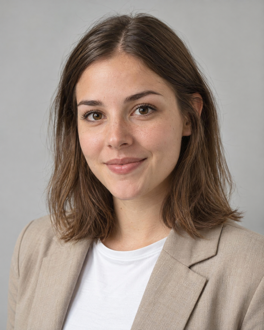 Junge Frau um die zwanzig mit schulterlangem braunem Haar im hellbeigen Blazer über weißem T-Shirt vor hellgrauem Hintergrund, freundlicher Blick
