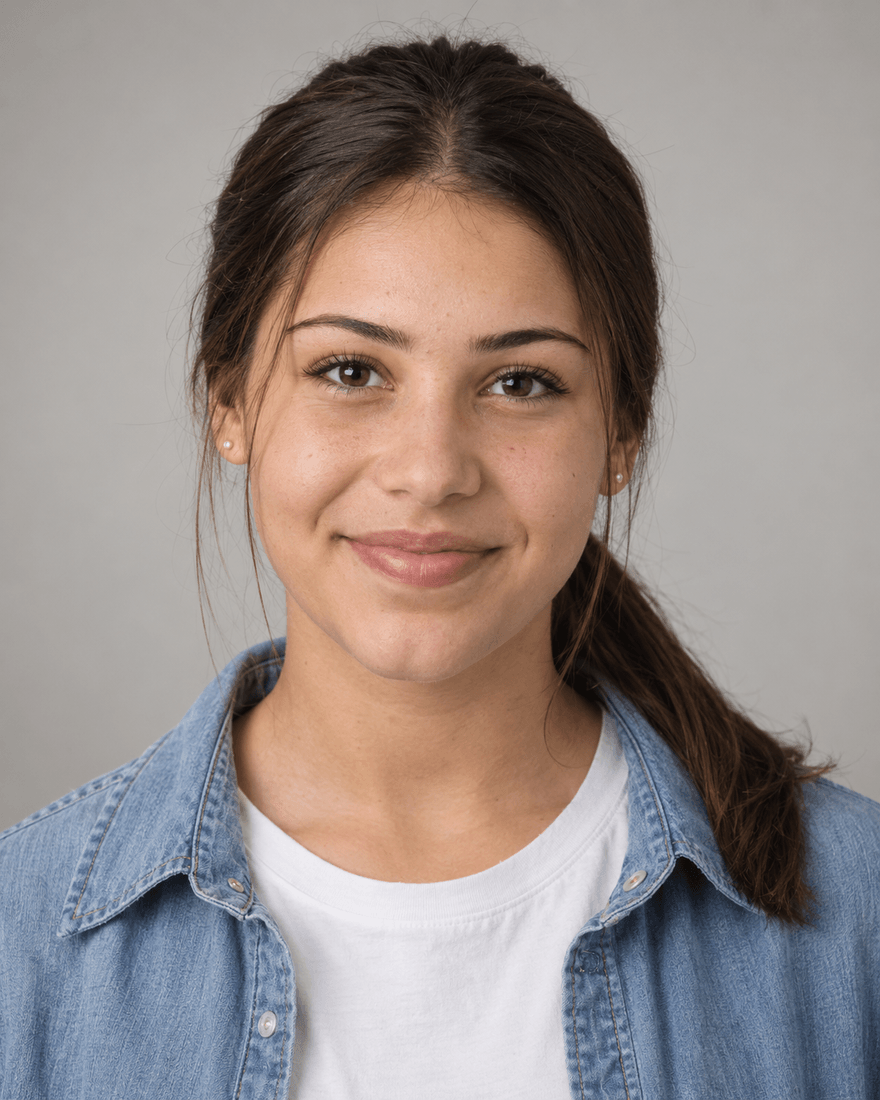 Bewerbungsfoto einer jungen Frau von etwa siebzehn Jahren mit dunkelbraunem Pferdeschwanz in weißem T-Shirt und offenem hellem Jeanshemd vor hellgrauem Hintergrund, freundliches Lächeln