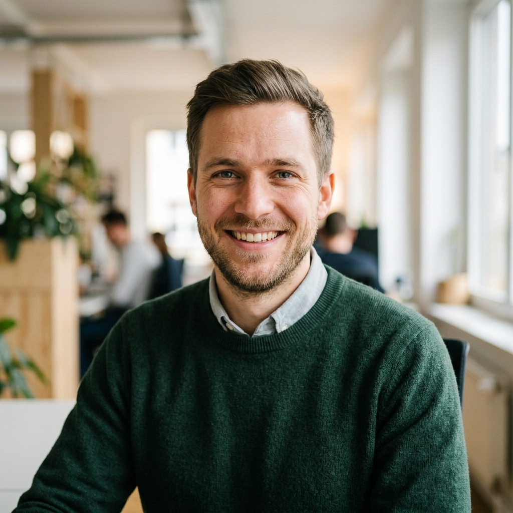 Mann Ende zwanzig im dunkelgrünen Strickpullover über einem Hemdkragen, offen
            lachend, im unscharfen Hintergrund ein helles Büro
